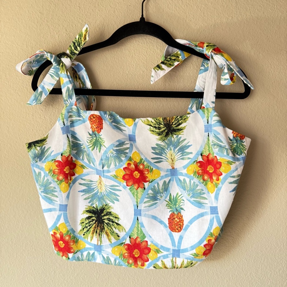 NWT Rachel Zoe Tropical Palm Tree Pineapple Floral Flower Crop Tank Top Linen